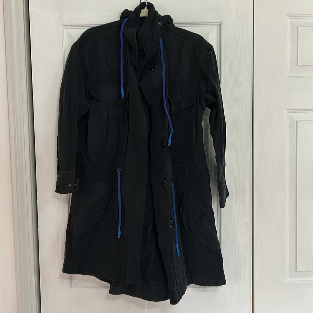 Rag and Bone hooded black utility coat with blue pulls